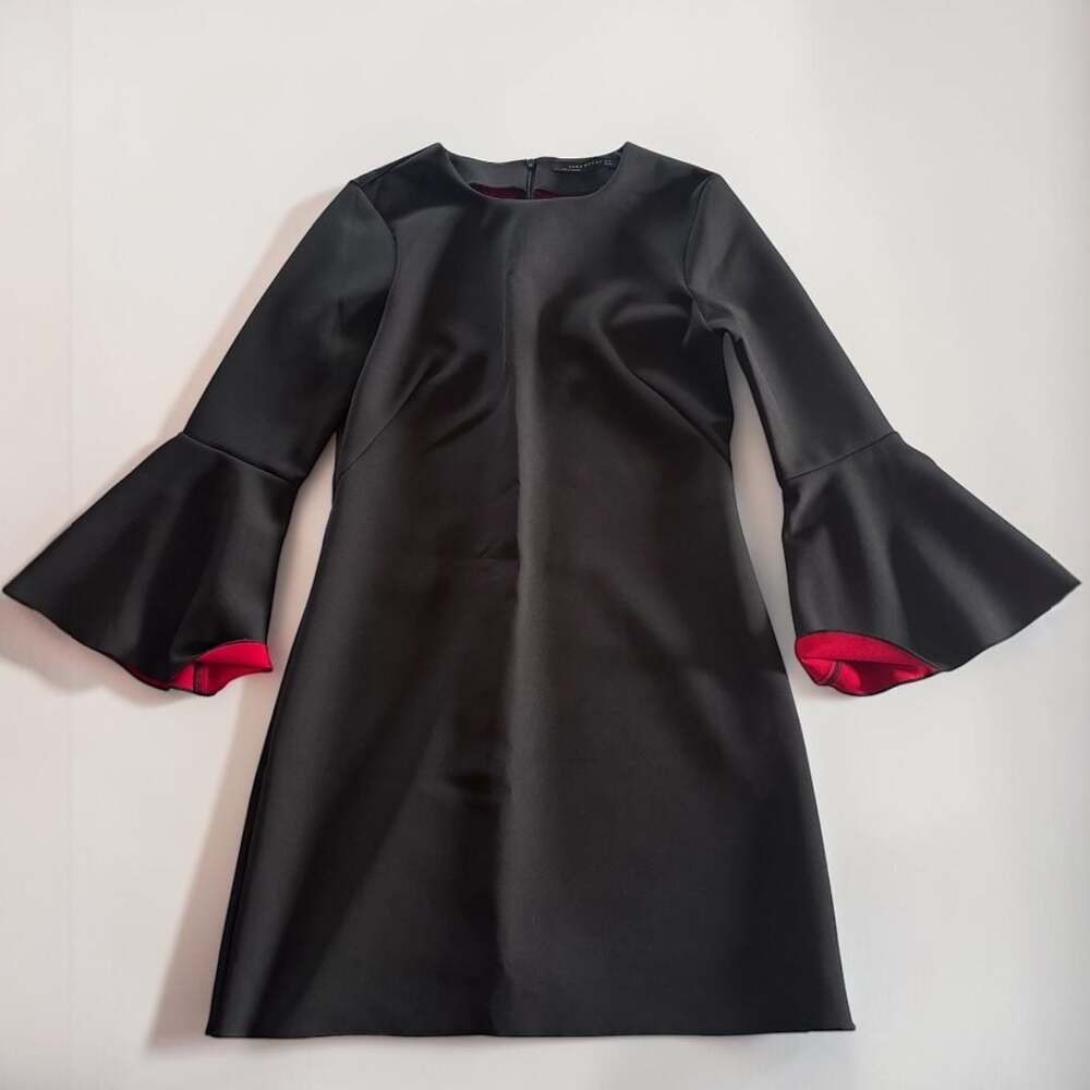 Zara Black Shift Mini Dress Red Contrast Bell Sleeves M